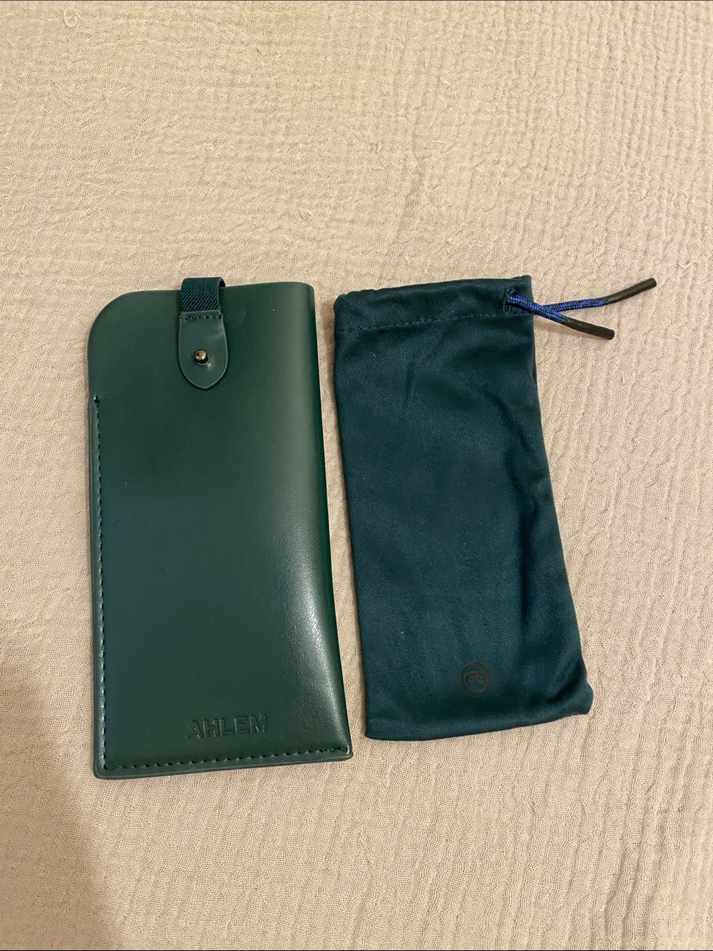 AHLEM Green Leather Sunglass Sleeve with Pouch.